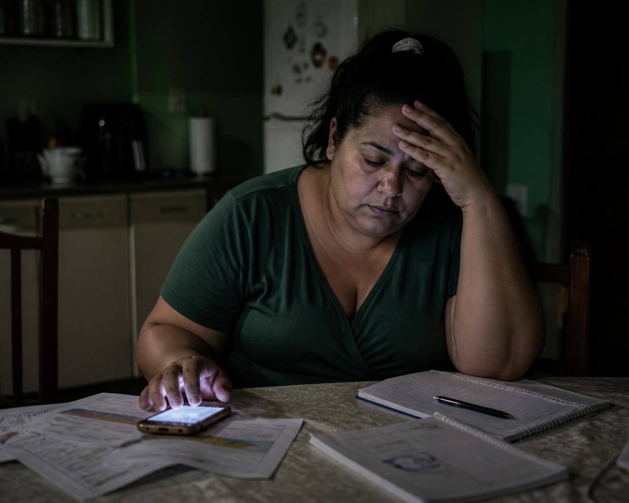 Mulher cansada à noite pesquisando no celular mais um método para emagrecer, cercada de anotações e planos soltos
